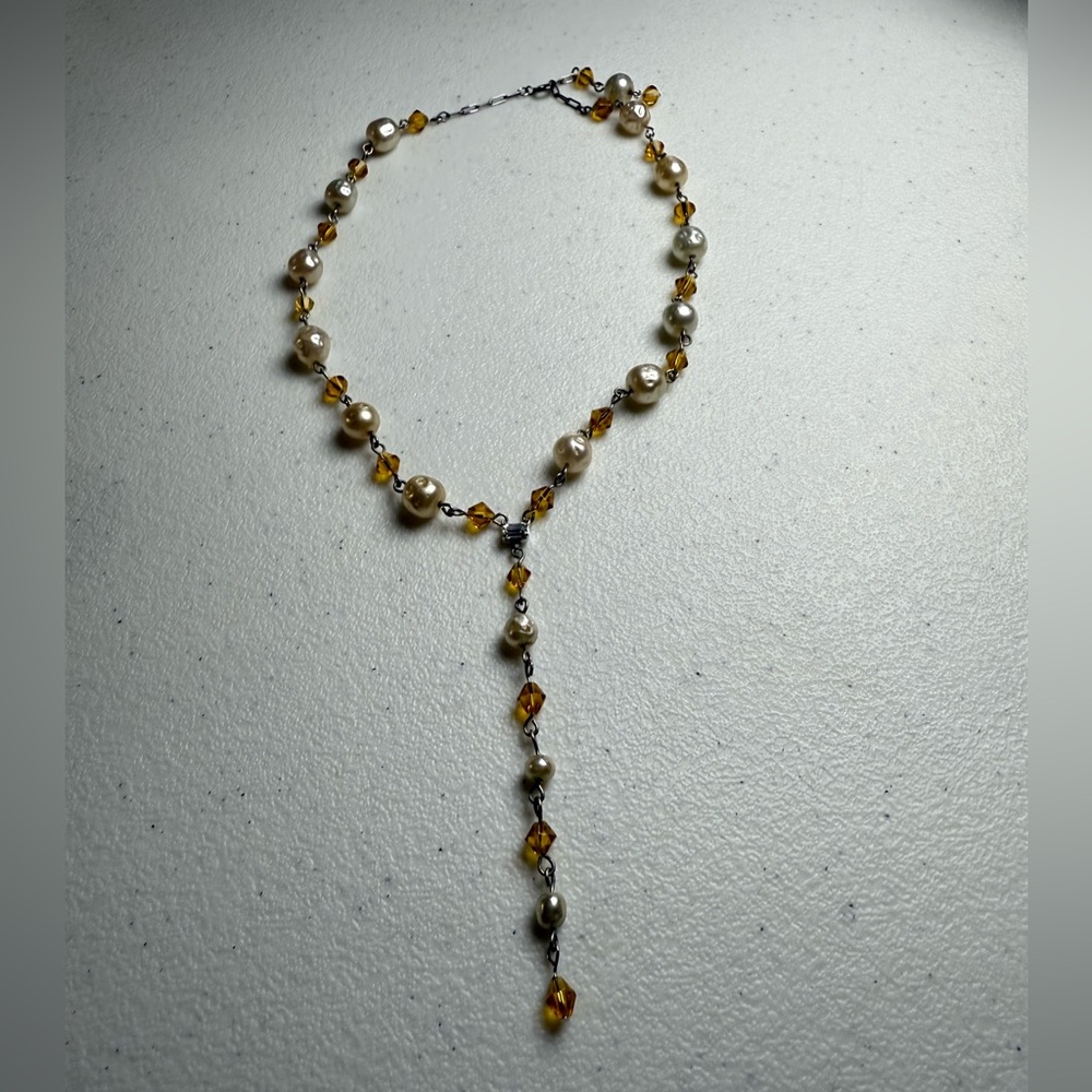 Vampy Lariat Pearl and Amber Necklace w/ VTG Emerald Cut Rhinestone in Center